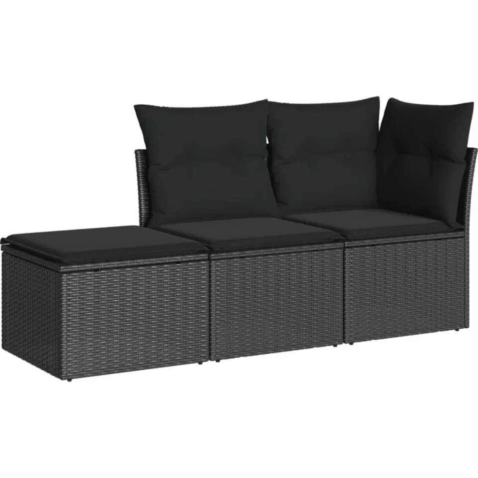 vidaXL 3-delige Loungeset met kussens poly rattan zwart, foto 3