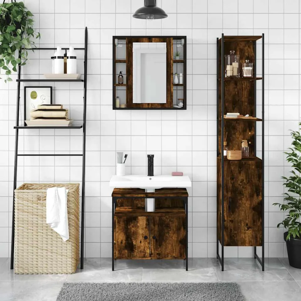 vidaXL 3-delige Badkamermeubelset bewerkt hout gerookt eikenkleurig, foto 2