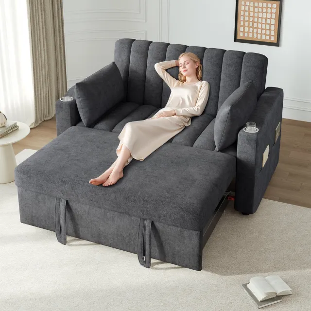 Welltin Slaapbank 2-zits - verstelbare rugleuning - bekerhouder - kussens - linnenlook - 136 x 162 x 84 cm - Grijs Beige
