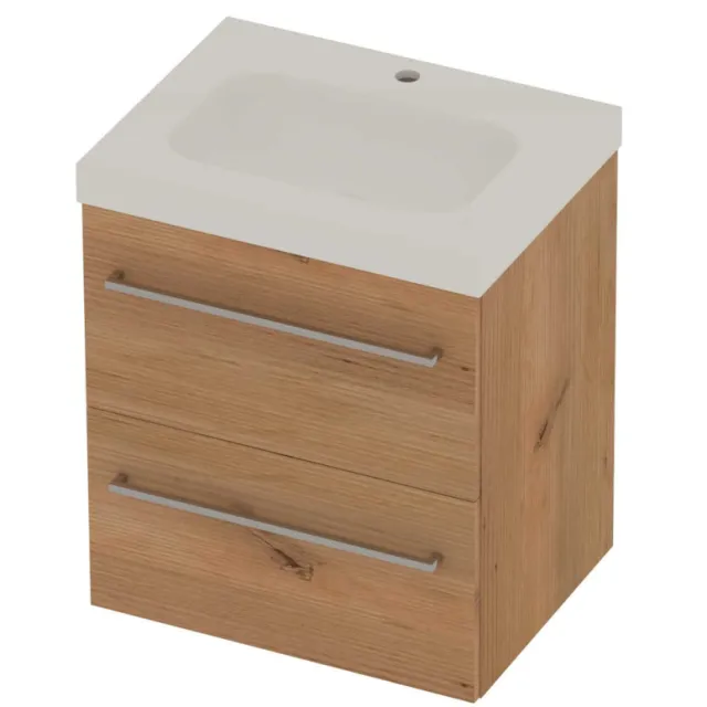 Basic-Line Moby 46 Badmeubelset Polystone 1 Kraangat Voor Grepen 60x46x66 cm Whisky Oak Glans Wit
