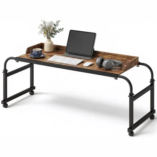 Danky Verrijdbare Overbedtafel - In Hoogte en Lengte Verstelbaar - Groot Werkblad 125x46 cm - Met Vergrendelbare Zwenkwielen Bruin
