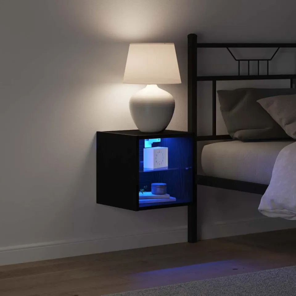 vidaXL LED Wand Bedside Kast Zwart 30 x 28,5 x 30 cm Bewerkt hout, foto 4