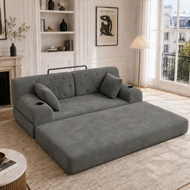 MIVRAY Slaapbank 168 x 80 x 81 cm - Hoge Rugleuning Met 2 Bekerhouders en 4 Zijvakken - Voor Woonkamer en Kleine Ruimtes - Cord Donkergrijs