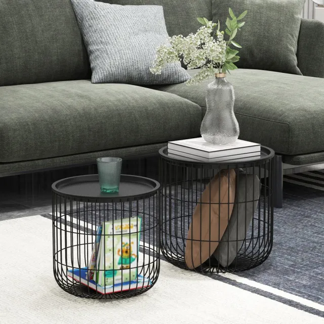 MEUNIQ 2-delige ronde salontafel set met opbergruimte, nestbare bijzettafels van staal, zwart, Ø40 x 40 cm en Ø35 x 35 cm, voor woonkamer in Scandinavische stijl