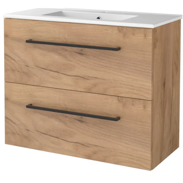 Boss & Wessing Badmeubelset BWS Salt 80x39cm Met Grepen 2 Lades Met Wastafel 1 Kraangat Whisky Oak Bruin