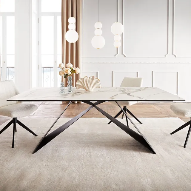 DELIFE Eetkamertafel Edge keramiek Calacatta Luxe wit-goud-grijs 200x100 V-frame vlak staal zwart Weiß-Gold-Grau