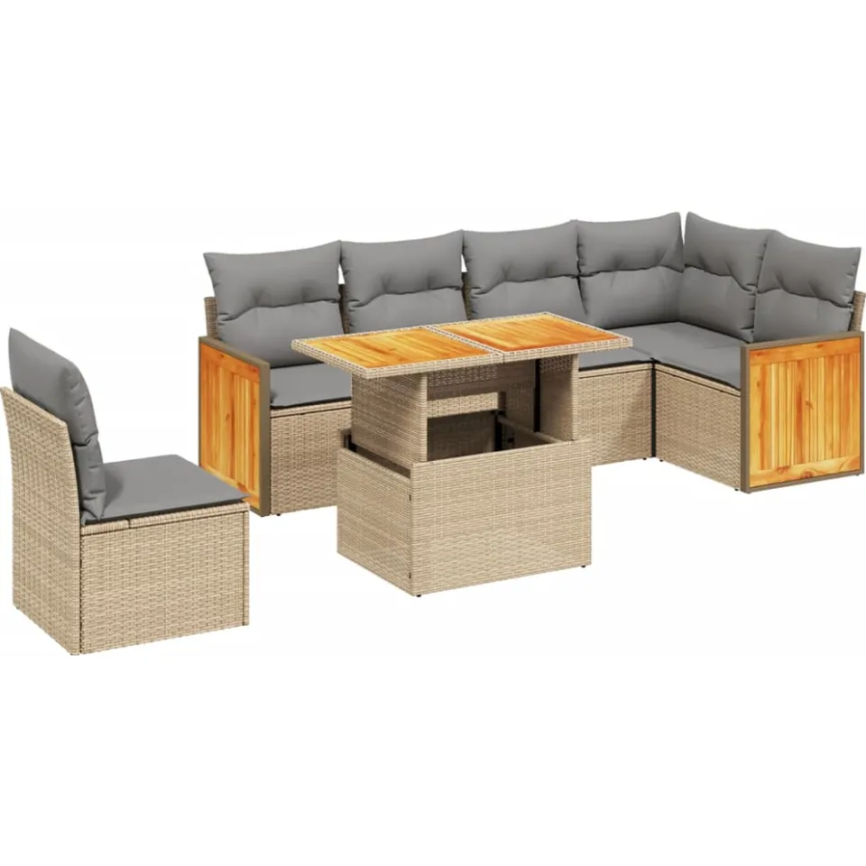 vidaXL 7-delige Loungeset met kussens poly rattan beige, foto 3
