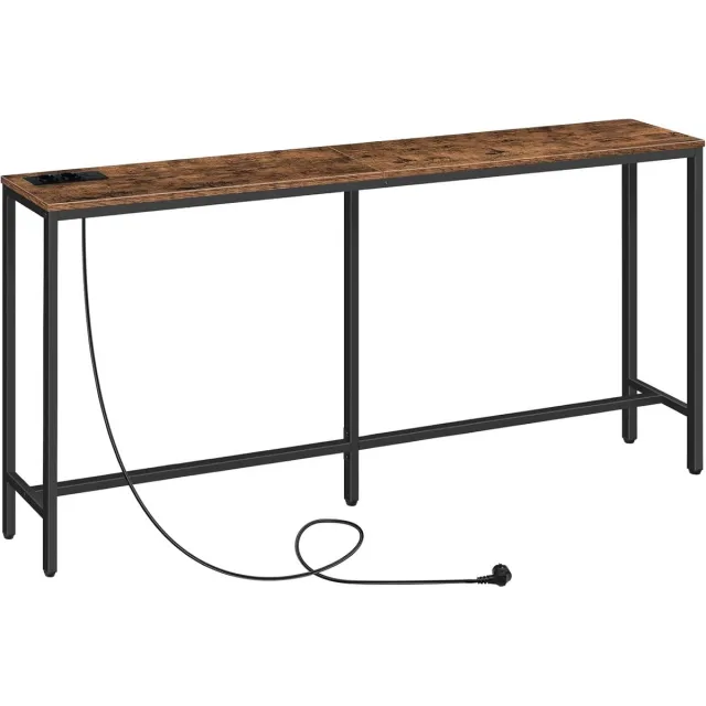 Homesy Consoletafel met Laadstation, 160 cm Slanke Banktafel, Industriële Inkomtafel met USB-Poorten, Bankbijzettafel Voor Entree, Hal, Foyer, Woonkamer, Vintage Bruin