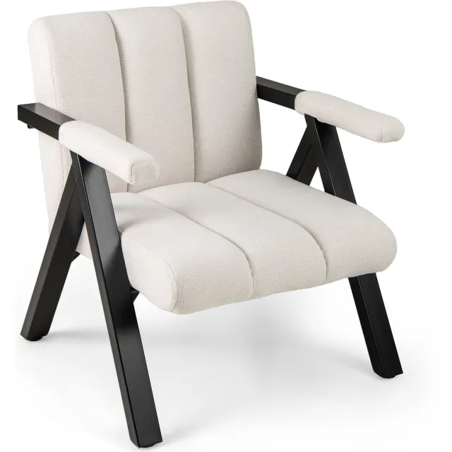 Costway Fauteuil woonkamer, gestoffeerde loungestoel met armleuningen en metalen frame, moderne relaxstoel voor woonkamer, slaapkamer, ontvangstruimte (beige)