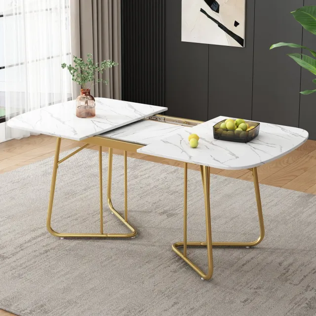 CHICFURN Eettafel - 4-6 personen - Uitschuifbaar - Rechthoekig - Wit Wit marmerlook