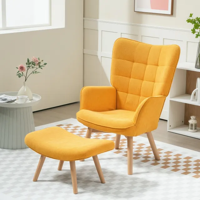 HAUSS SPOLE Oorfauteuil met Hocker - Relaxfauteuil met Zachte Ribstoflook en Armleuningen - voor Woonkamer en Leeshoek - Polyester en Hout - Oranje