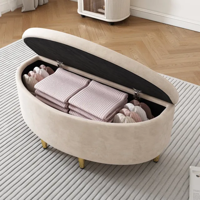 HAUSS SPOLE Opbergbank - Fluwelen Zitting Met Opbergruimte - Voor Hal Woonkamer En Slaapkamer - Fluweel Beige - 90x40x42 Cm