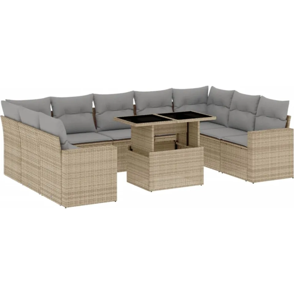 vidaXL 10-delige Loungeset met kussens poly rattan beige, foto 4