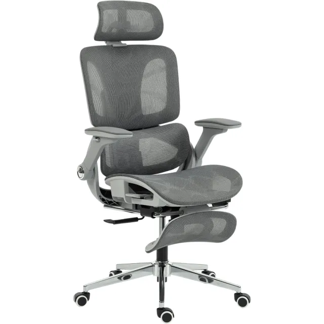 MUVANO Ergonomische bureaustoel - Mesh met lendensteun - Opklapbare 4D armleuningen - 67 x 74 x 113-132 cm - Met voetensteun - Voor thuis en kantoor - Grijs