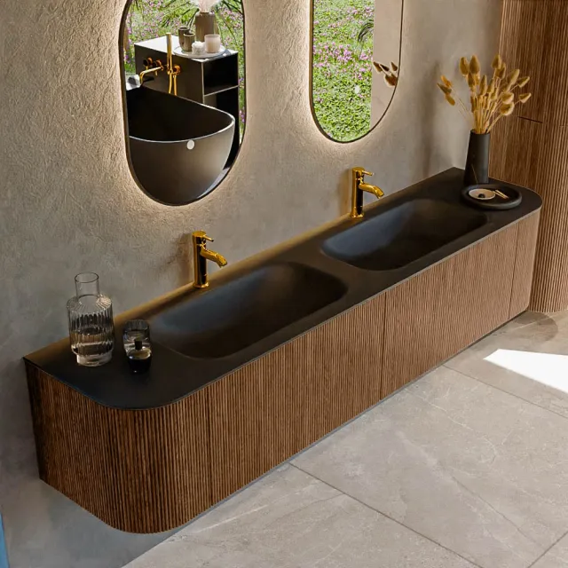 Mondiaz KURVE 200 cm Onderkast Greeploos 2 Lades Met Deuren Walnut, Wastafel Solid Surface Dubbel Urban 2 Kraangaten Zonder Spiegel (KRVBGS200L+R2L2D2KD-Wal/Urb)