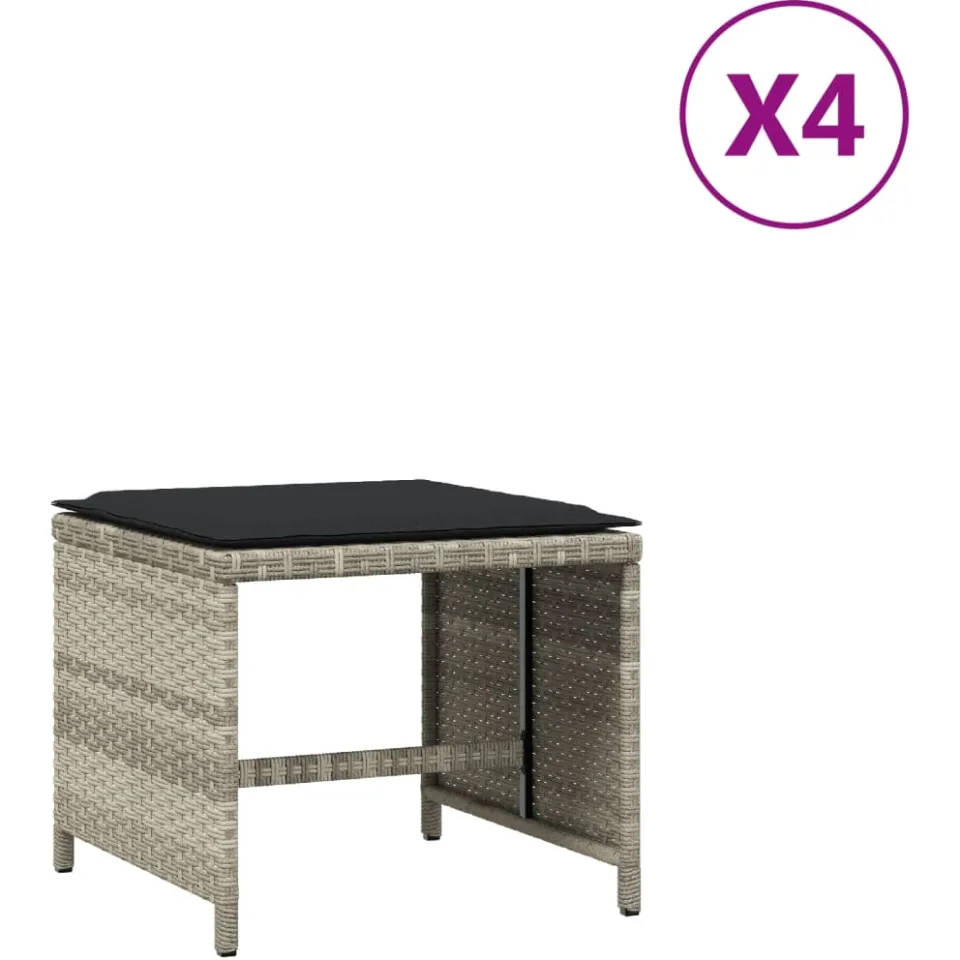 vidaXL Tuinkrukken 4 st met kussens 40x40x35 cm poly rattan lichtgrijs grijs, foto 4