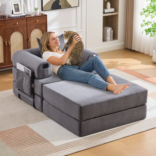 Welltin Fauteuil met hocker - metalen frame - opbergvak en kussen - 300 kg - ribstof - 112 x 190 x 67 cm - Donkergrijs