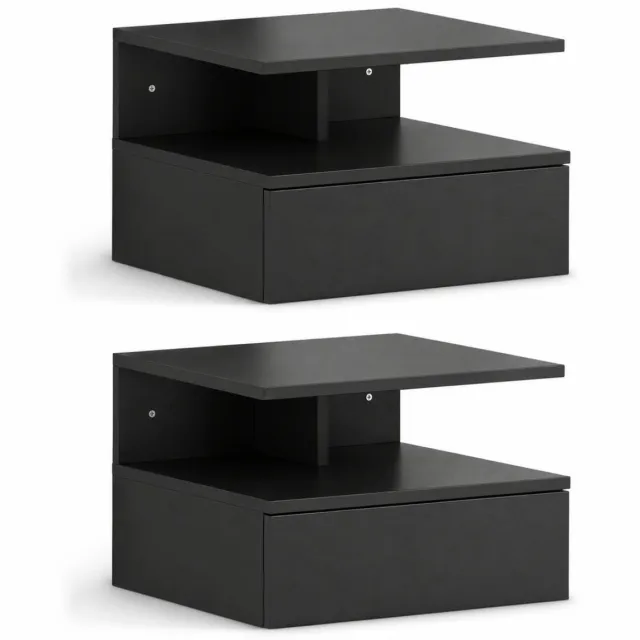 Zenzee Nachtkastjes set van 2 - Zwevend nachtkastje - Wandmontage - Lade - Open vak - Zwart - 35 x 32 x 22,5 cm