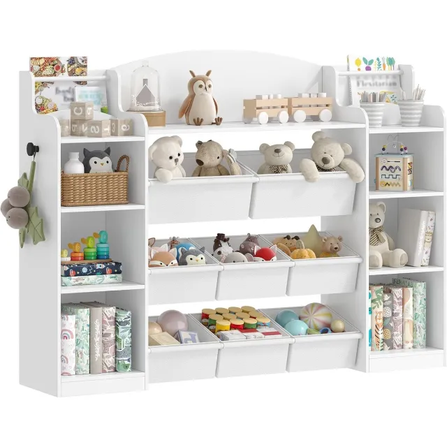 HILINSIE Kinderboekenplank, Houten Boekenplank, Speelgoedplank met 8 Non-woven Boxen, Geschikt voor Kinderkamer, Woonkamer, Studeerkamer Wit 30 x 140 x 104 cm Van hout, met 8 stoffen dozen, voor kinderkamer, woonkamer, werkkamer