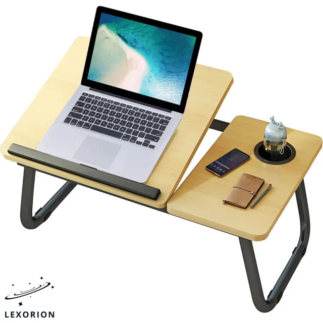 Lexorion Praktisch Laptoptafel – Bedtafel – Kantelbare Laptoptafel – Verstelbare en Opvouwbare Laptop Tafel met Bekerhouder – 60x37x26cm – Laptoptafel Bijzettafel – Walnoot