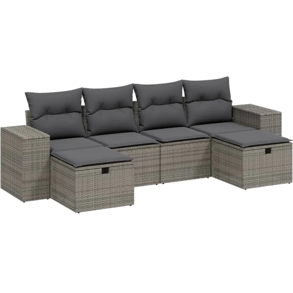 vidaXL 6-delige Loungeset met kussens poly rattan grijs, foto 3