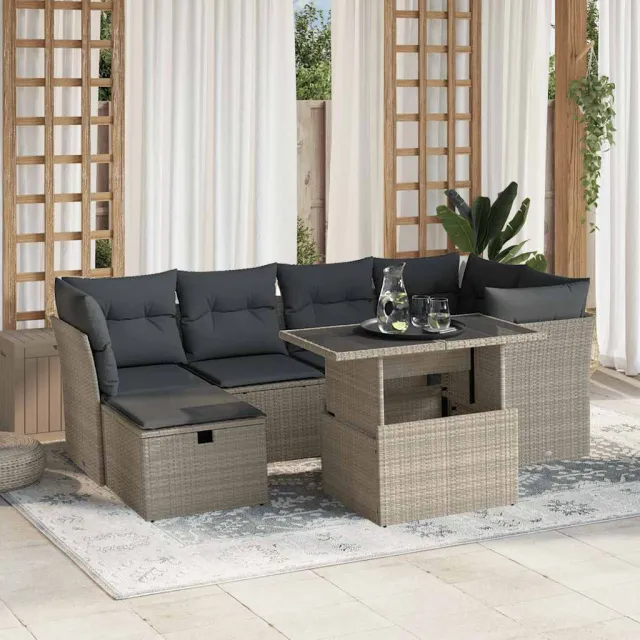 vidaXL 7-delige Loungeset met kussens poly rattan lichtgrijs grijs, foto 2