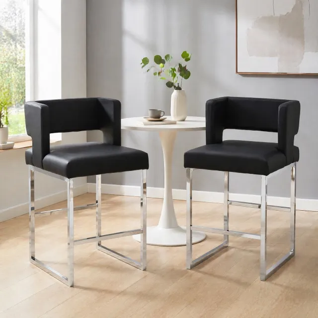 MODENUIT Barkruk 91,4 cm - Set Van 2 Met Rugleuning En Gewatteerde Zitting - Voor Bar En Keukeneiland - Kunstleer Metaal - Zwart Zilver