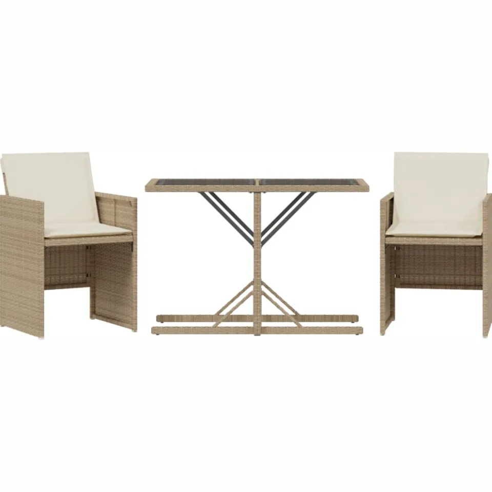 vidaXL 3-delige Bistroset met kussens poly rattan beige, foto 3