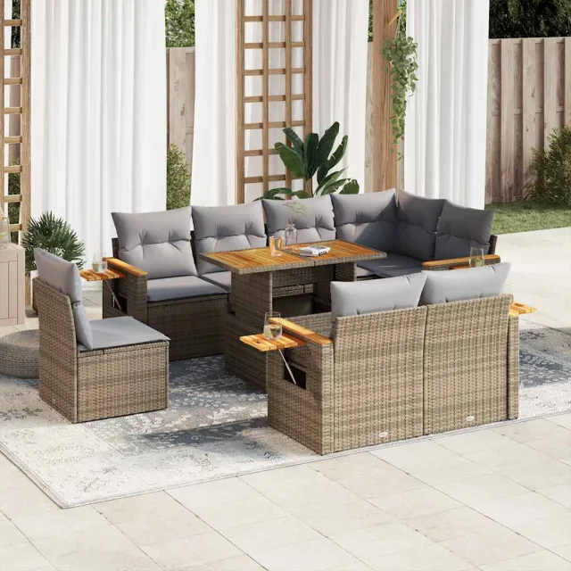 vidaXL 9-delige Loungeset met kussens poly rattan acacia beige, foto 2