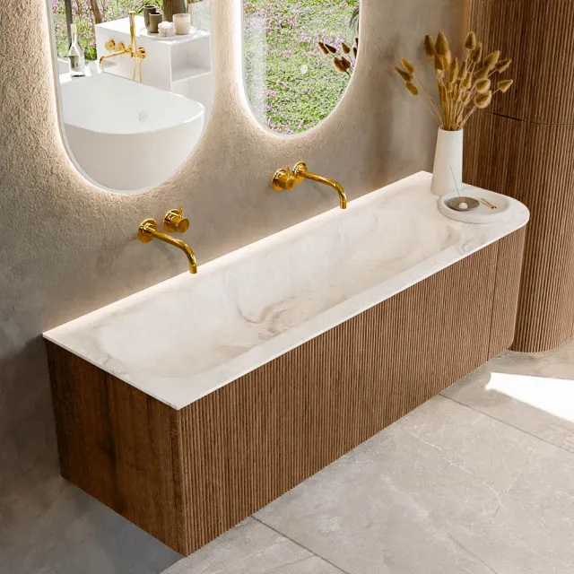 Mondiaz KURVE-DLUX 145 cm Onderkast Greeploos 1 Lade Met Deuren Walnut, Wastafel Solid Surface Links Frappe 0 Kraangaten Zonder Spiegel (KRVBGL145R1L1D0KL-Wal/Fra)