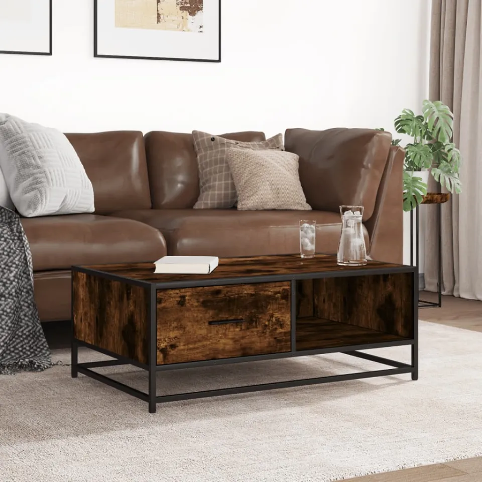 vidaXL Salontafel 90x57x35 cm bewerkt hout en metaal gerookt eiken, foto 3