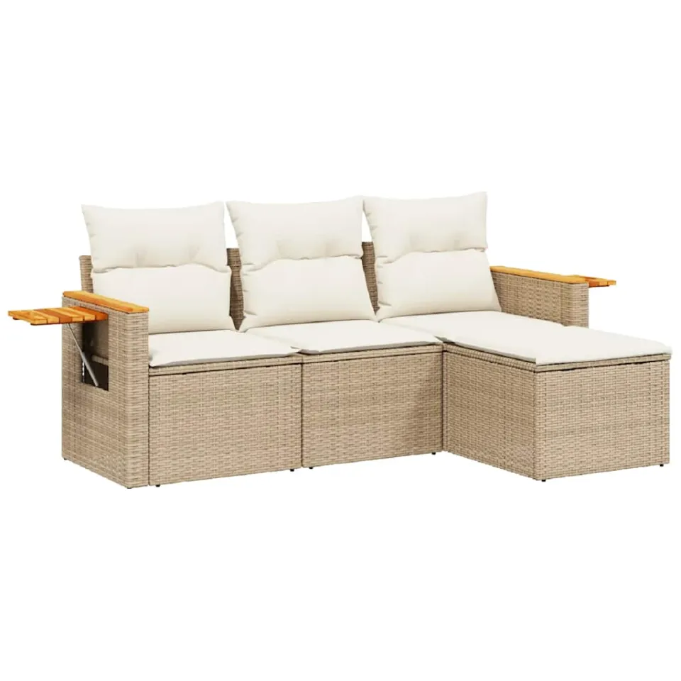 vidaXL 4-delige Loungeset met kussens poly rattan beige, foto 3