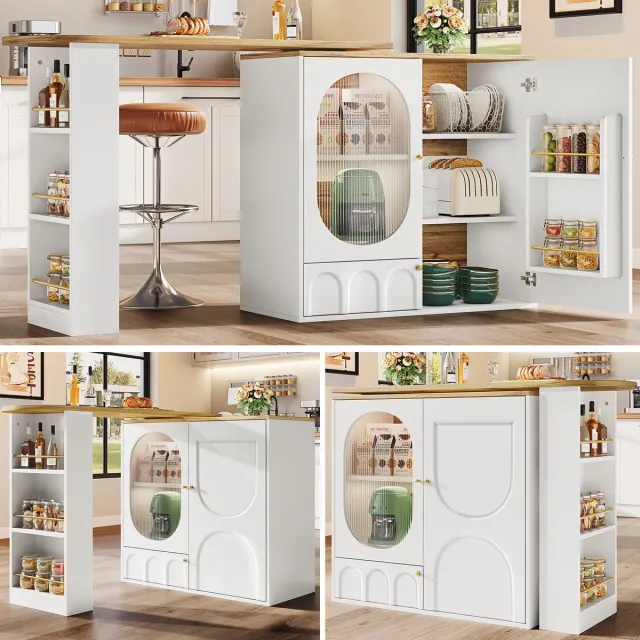 Clruro Bartafel - 138 x 39 x 102 cm - 360° Draaibare Bartafel met Opbergruimte en 3 Deuren - MDF - Wit/Zwart