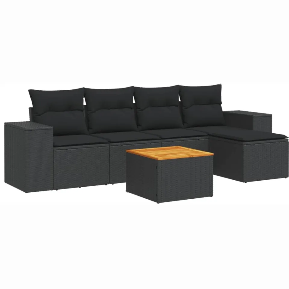 vidaXL 6-delige Loungeset met kussens poly rattan zwart, foto 4