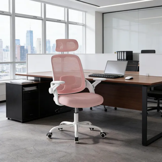 MIVRAY Ergonomische Bureaustoel 63,5 x 47 x 109,5-117,5 cm - Wipfunctie En Verstelbare Steun - Metaal En Gaasstof - Roze