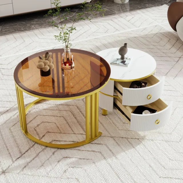 MEUNIQ 2-delige ronde salontafelset 70 x 70 x 45 en 50 x 50 x 40 cm met 2 lades, wit hoogglans en bruin gehard glas voor woonkamer