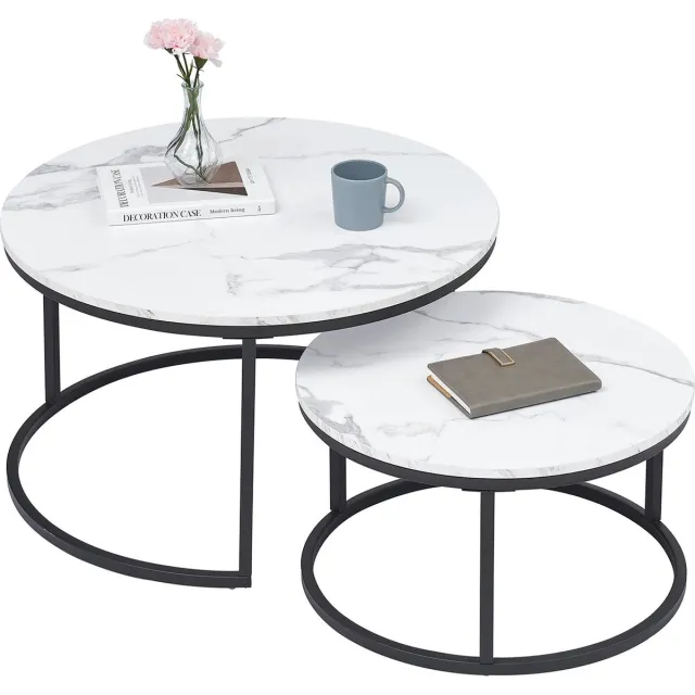 SteeFly® Set van 2 luxe design tafels - Ronde bijzettafel - Marmeren look & zwart frame - Stijlvolle set - Diameter: 60&80cm