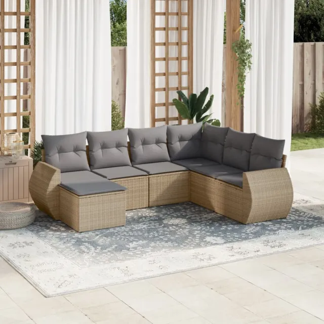 vidaXL 7-delige Loungeset met kussens poly rattan beige, foto 2