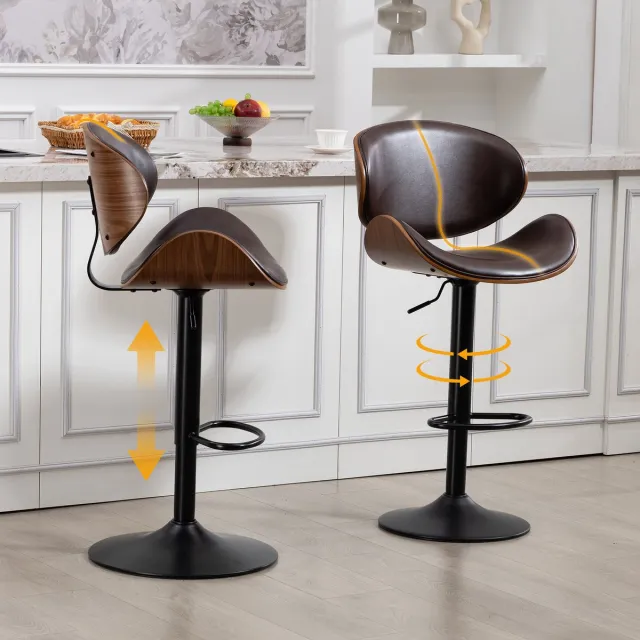 Clruro Barkruk Set - 2 Stuks - Ergonomische Rug - Voetsteun - PU-Leer + Gebogen Hout - Bruin