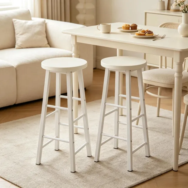 HAUSS SPOLE Barkrukken Set van 2 - Ronde Zitting met Voetsteunen en Vloerbeschermers - Voor Keuken, Bar en Café - MDF en Metaal - Wit