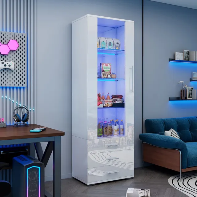 KOMHTOM BLACKCOLORS Witte Glanzende Vitrinekast - Glazen Vitrinekast - Staande Vitrinekast met LED Verlichting - Verticale Vitrine met 3 Lades - 60 x 35 x 180 cm