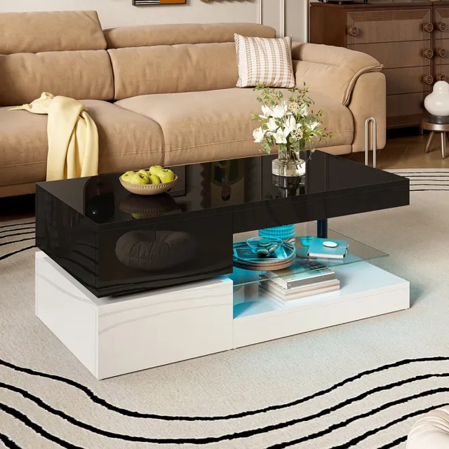 KOMHTOM BLACKCOLORS Moderne salontafel met sfeerverlichting, bediening via app en Bluetooth, glazen blad en glanzend oppervlak, zwart-wit design voor in de woonkamer, 90 x 45 x 35,5 cm Zwart, Wit