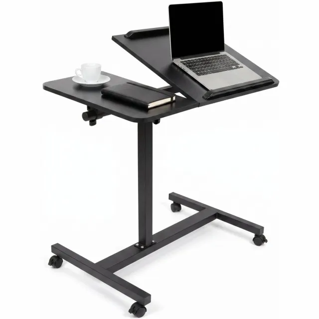 Cheqo Laptoptafel - Hoogte Verstelbaar - Verrijdbaar op Wielen - Kantelbaar Tafelblad - Ergonomisch Notebook Standaard - Bijzettafel en Bedtafel - Bureau met Zwenkwielen - Laptopstandaard Zwart