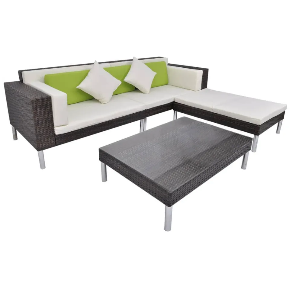 vidaXL 4-delige Loungeset met kussens poly rattan bruin