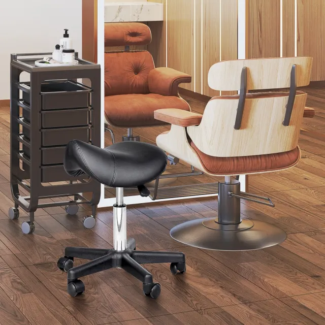 DESMIU Bureaukruk 35 Cm - In Hoogte Verstelbaar En 360 Graden Draaibaar Met Wielen - Voor Salon En Kantoor - Kunstleer - Zwart