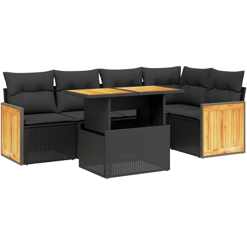 vidaXL 6-delige Loungeset met kussens poly rattan zwart, foto 3