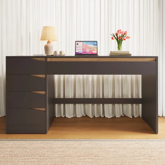 FloraGrace Bureau - Modern Bureau Met 5 Laden En Extra Groot Werkblad - Voor Homeoffice En Slaapkamer - MDF - 140x50x78 Cm - Grijs Eikenlook