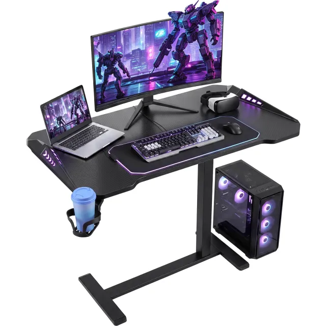 Vevor Bedtafel 800x450 mm Computerbureau Gamingbureau Laptoptafel, Banktafel voor Thuiswerkplek, in Hoogte Verstelbaar van 675 tot 1075 mm, Incl. RGB-Verlichtingseffecten en Bekerhouder, Zwart