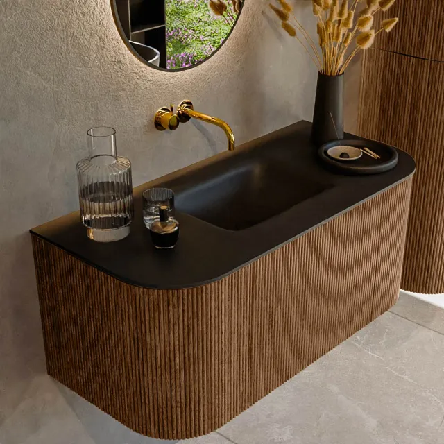 Mondiaz KURVE 100 cm Onderkast Greeploos 1 Lade Met Deuren Walnut, Wastafel Solid Surface MIdden Urban 1 Kraangat Zonder Spiegel (KRVGRU100L+R1L2D1KM-Wal/Urb)