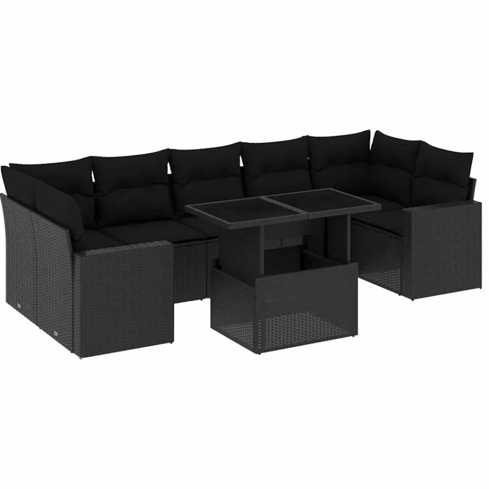vidaXL 8-delige Loungeset met kussens poly rattan zwart
